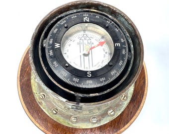 Marine Compass in Brass Binnacle – Vintage Swedish Nautical Instrument, Mid-Century