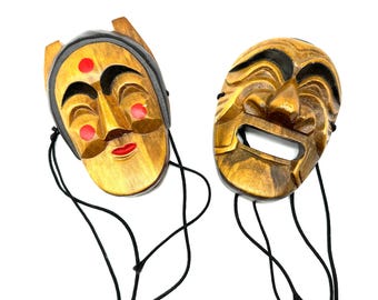 Korean hahoe tal masks, hand-carved wooden dance mask pair