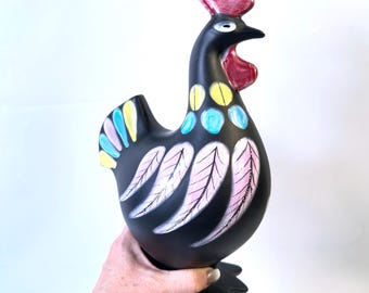 Vintage Syco Ceramic Rooster Money Bank – Hand-Painted Black Pottery Figurine, Sweden, 1960s
