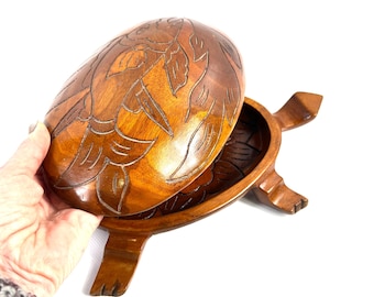 Wooden Turtle Box Carved, Vintage Lidded Dish Tropical Folk Art
