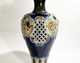 Doulton Lambeth Vase – Large Reticulated Stoneware, Cobalt Blue, 34 cm