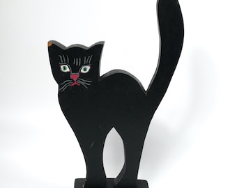 Black Cat Door Stop | Hand-Painted Folk Art | 1960s Swedish Witches Cat | Halloween Decor