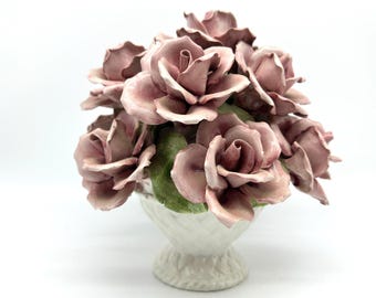 Vintage Italian Ceramic Rose Bouquet – Pink Floral Arrangement in White Basket Vase, c. Mid-Century