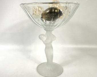 Vintage Frosted Glass Compote – Art Deco Style Lady Pedestal Bowl, 18 cm