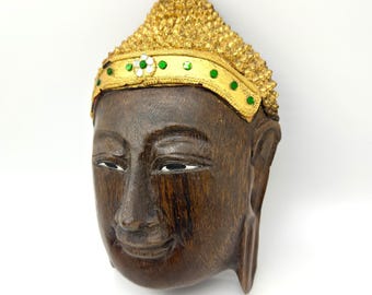 Wood Carved Buddha Wall Sculpture – Gilded Headdress with Inset Stones – Vintage Southeast Asian Decor