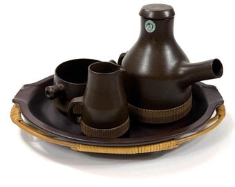Mid Century  Coffee Service – Swedish Stoneware Set with Tray, 1970s Ystad Krukmakaren, Signed Pottery