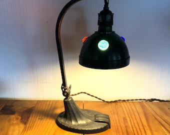 Art Deco Industrial Desk Lamp – Cast Metal with Coloured Glass Cabochons