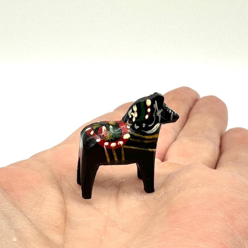 Miniature Black Dala Horse, Swedish Folk Art Hand Painted Wood Sculpture image 2