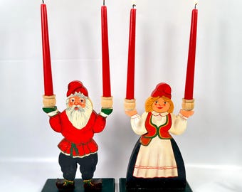 Traditional Swedish Vintage Wooden Candle Holders, Tomte & Girl Folk Art Pair