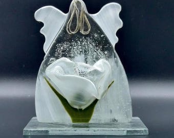 Vintage Polish Glass Heavenly Angel Figurine with Lily - Handmade by Aneta Pawtowska