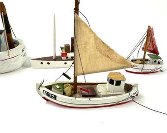 Set of 4 Vintage Miniature Wooden Sailboats – Handcrafted Folk Art Fishing Boats, Nautical Decor