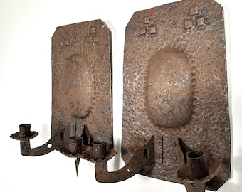 Arts and crafts wrought iron candle holders – hand-forged wall sconces, set of 2