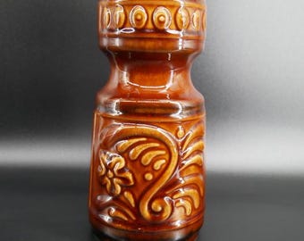 German Pottery Vase with Raised Floral Design - Brown Glazed Ceramic Vase - Marked G 122-18