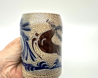 Vintage German Pottery Beer Stein – Embossed Leaping Deer Motif, Blue & Brown Salt Glaze