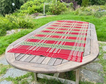 Vintage handwoven scandinavian table runner – overshot weave folk art, rustic swedish decor (two available!)