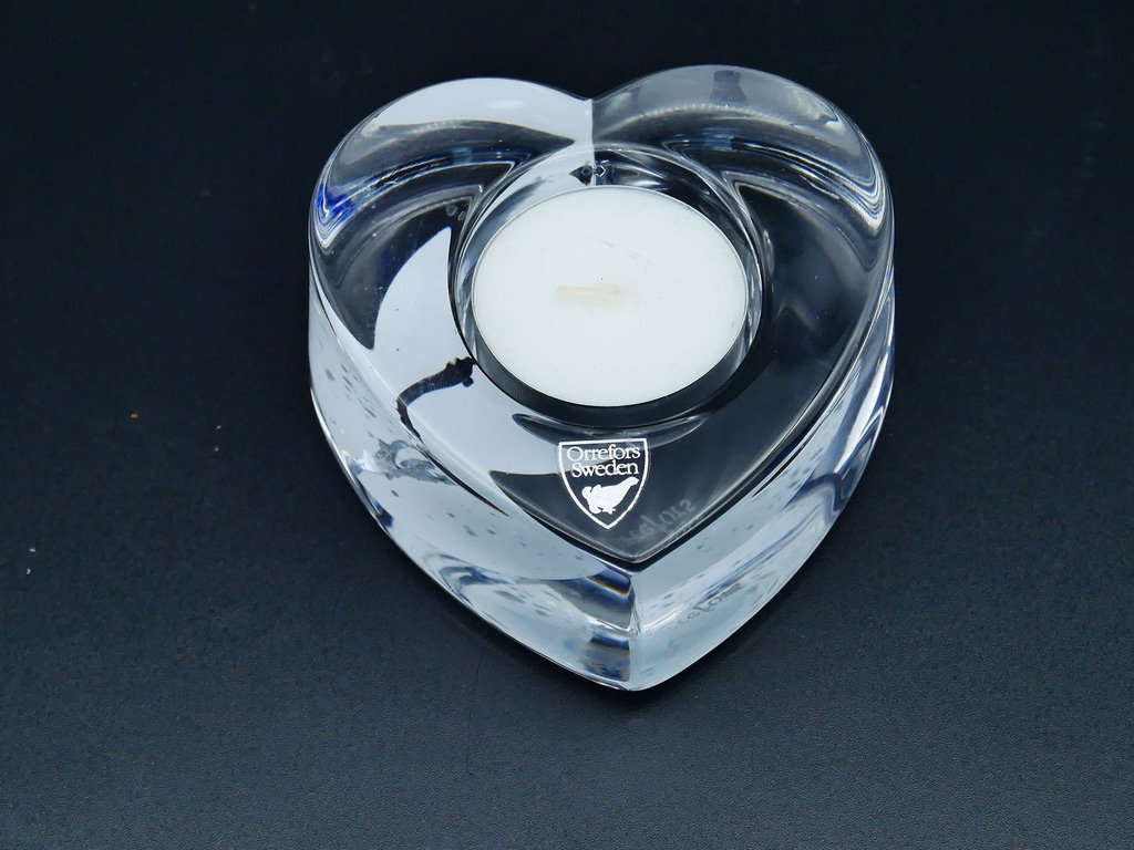 Mid Century Orrefors art glass Scandinavian candleholder "My Heart" Clear Cristal Glass Tea Light Votive.
