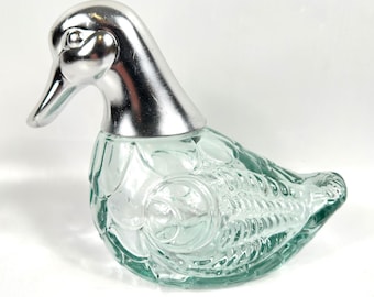 Vintage glass duck decanter – clear with silver head, 22 cm
