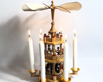 German Christmas Nativity Carousel – Vintage 3-Tier Wooden Candle Pyramid, 1970s