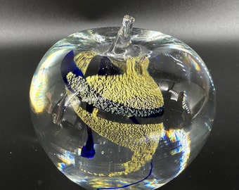 Mid century glass apple with 14k Gold paperweight ornament figurine Signed