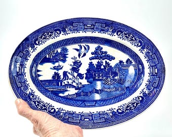 Vintage Blue Willow Pattern Oval Platter – 1930s Serving Plate with Makers Mark, 13"