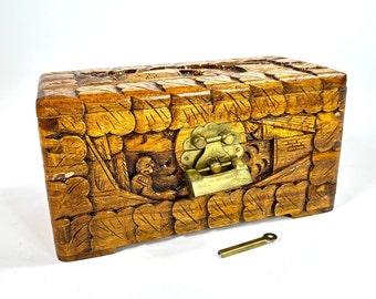 Vintage Carved Wood Camphor Box: Brass Lock & Key, Jewelry Trinket Storage