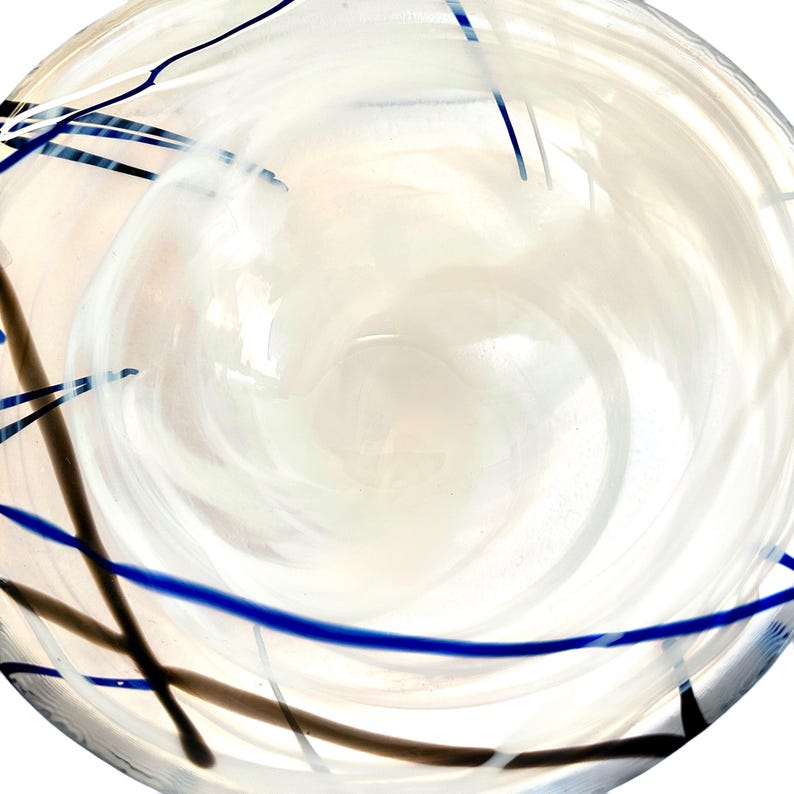 Pu&ograve; includere: Una ciotola in vetro trasparente con motivi bianchi opachi vorticosi all'interno e sottili fili di vetro lineari blu scuro e neri che avvolgono la superficie esterna, creando un effetto visivo stratificato e strutturato.