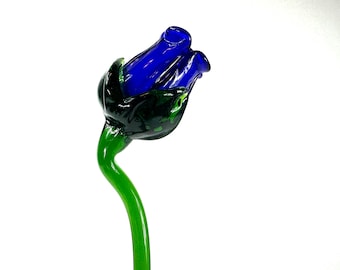 Vintage Murano-Style Glass Tulip — Cobalt Blossom on Emerald Stem