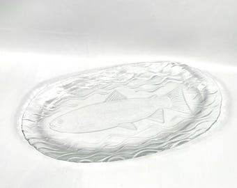 Large glass fish platter, clear pressed glass serving plate