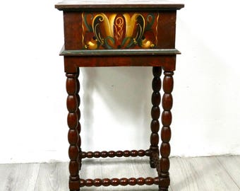 Vintage Hand-Painted Kurbits Side Table: Swedish Rosemaling Folk Art