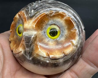 Vintage italian alabaster owl paperweight – hand-carved marble bird, 1970s