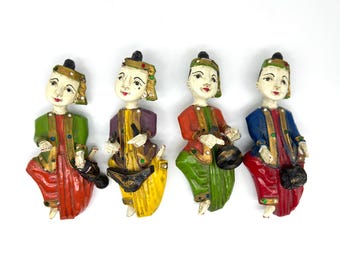 Vintage Burmese Musician Wall Sculptures: Hand-Carved Folk Art Set