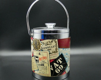 Vintage Whiskey Label Collage Ice Bucket - Mid Century Chrome Barware