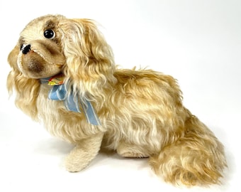 Vintage Steiff  Dog – Large Peky Pekingese  Mohair Plush with Tag, Yellow Flag & Button – Label 3330/00