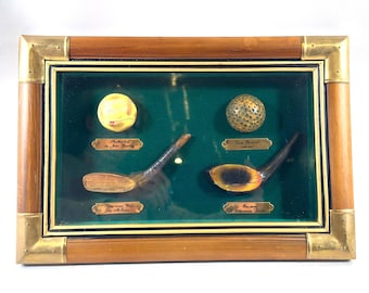 Vintage Golf Shadow Box – Framed Golf Collectibles Display, Wood & Brass, 34cm