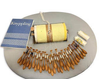 Lace Making Set, Swedish Vintage Bobbin Lace Pillow with Work Book