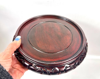 Vintage Hand-Carved Wooden Display Stand – Round Asian Hardwood Riser, 22 cm