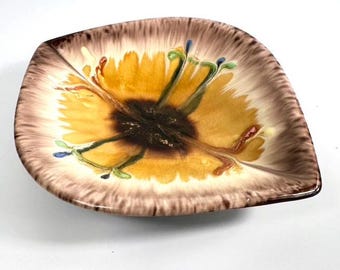 German Ceramic Dish – 1960s Drip Glazed Bowl with Hand-Painted Sunflower, Mid-Century Art Pottery