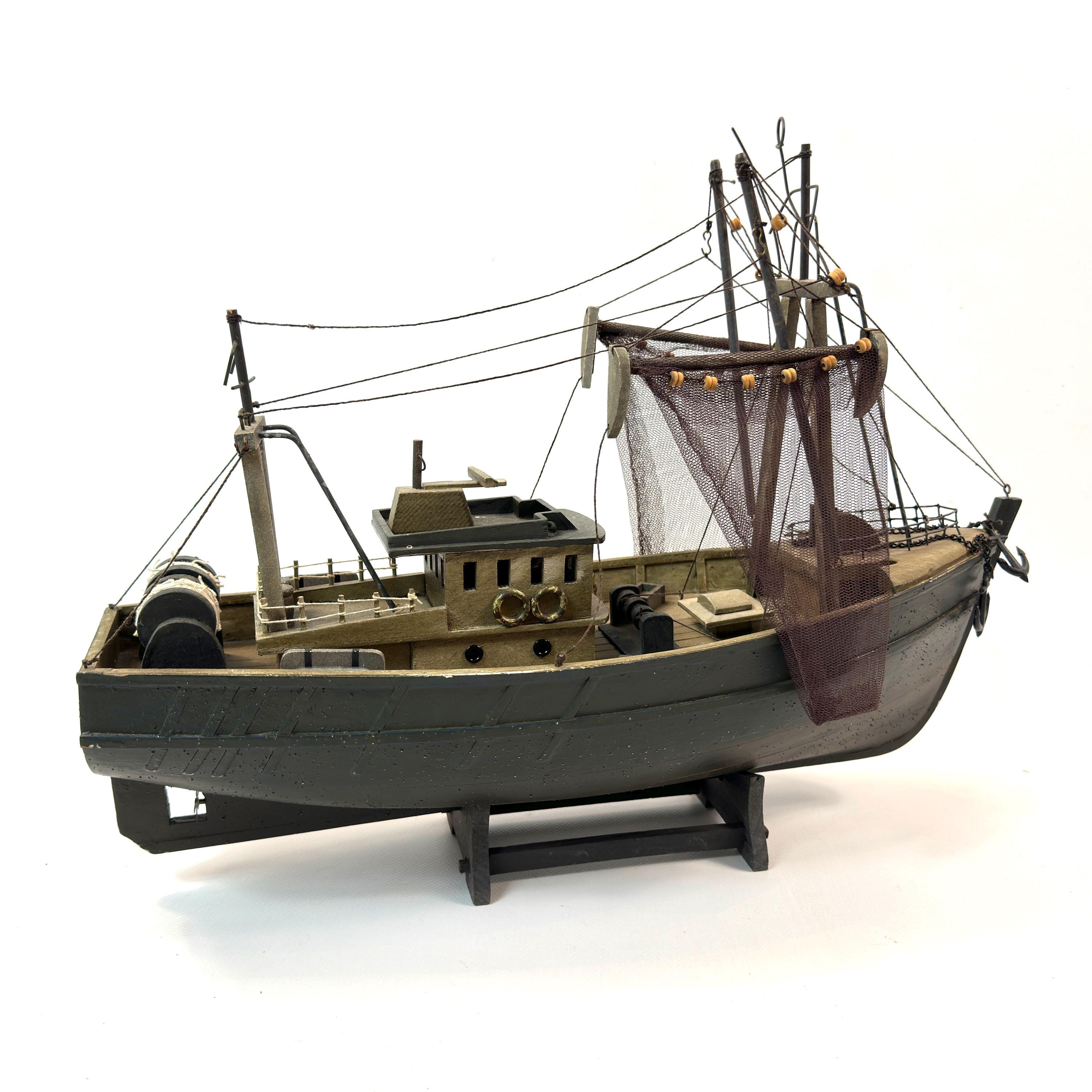Vintage Wooden Model Fishing Boat – Handcrafted Sailboat With Fishing ...