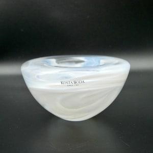 Vintage Kosta Boda &#39;Atoll&#39; Glass Bowl – Anna Ehrner Design, White Swirl Candleholder, Sweden