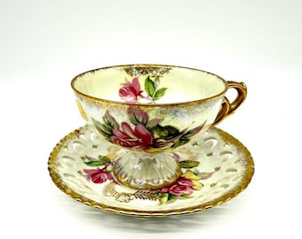 Luster Tea Cup and Saucer with pierced design and Rose Decoration, Vintage Chugai Japan