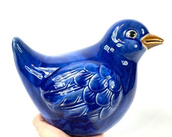Cobalt Blue Ceramic Bird Sculpture – Signed 1970s Studio Pottery, Glossy Glaze with Gold Beak