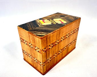 Vintage Wooden Card Box – Marquetry Inlay, Two-Deck Storage, 1970s