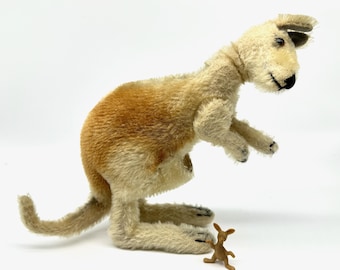 Vintage Steiff Kangaroo with Joey – Mohair Plush, Jointed Arms & Neck – 1950s German Toy