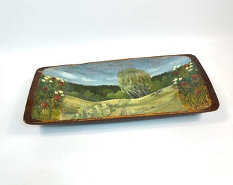 Antique Hand Painted Rustic Wood Breadboard – Folk Art, 74 cm