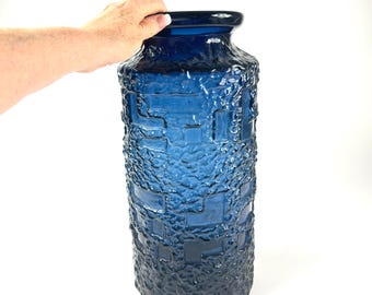 Vintage Ruda Glass Vase – Large Floor Standing Cobalt Blue Geometric Design, 43cm