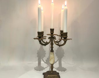 Vintage Brass & Onyx Candelabra – Ornate 5-Arm Candlestick Holder, 37 cm