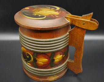Vintage Wood Tankard – Traditional Hand painted Swedish Folk Art, Rustic Scandinavian Decor
