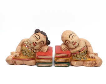 Hand-Carved Wood Bookends: Sleeping Figures Folk Art, 16cm