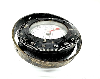Vintage Brass Gimbal Ship Compass – Nautical Maritime Instrument | Boat Dashboard Compass Mid Century