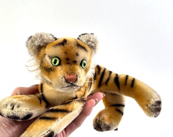 Steiff Tiger Mohair Toy, German Plush Wild Cat, Glass Eyes, 1950s Vintage